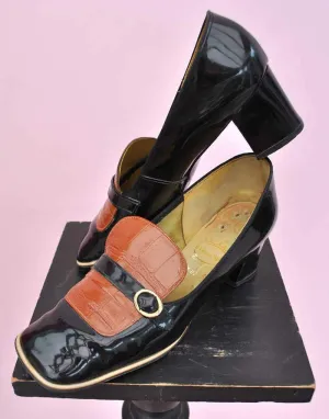 1960s Vintage Black & Tan Patent Slip On Mod Shoes • 60s Go Go