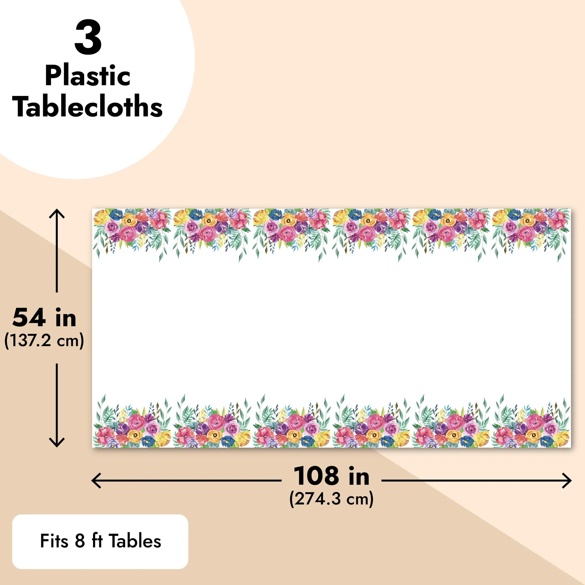 3 Pack Plastic Floral Tablecloth for Wedding, Birthday Party Decorations, Disposable Tablecloths for Rectangle Tables, Tea Party Supplies, Baby Shower, 54 x 108 Inches