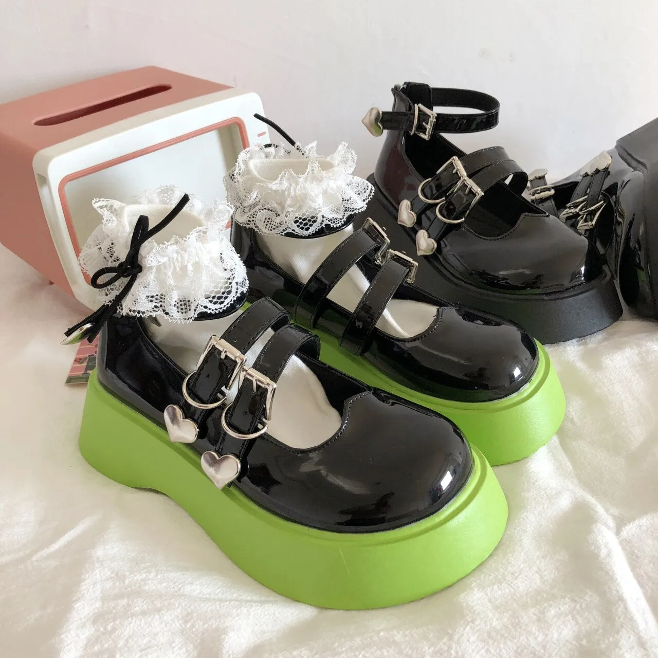 Amozae-  Sweet and cute leather shoes female Mary Jane thick-soled 5CM Japanese lolita shoes 2024 spring and autumn thin jk shoes green