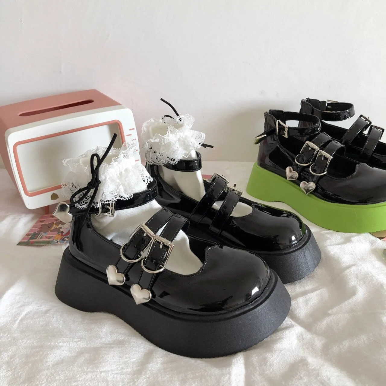 Amozae-  Sweet and cute leather shoes female Mary Jane thick-soled 5CM Japanese lolita shoes 2024 spring and autumn thin jk shoes green