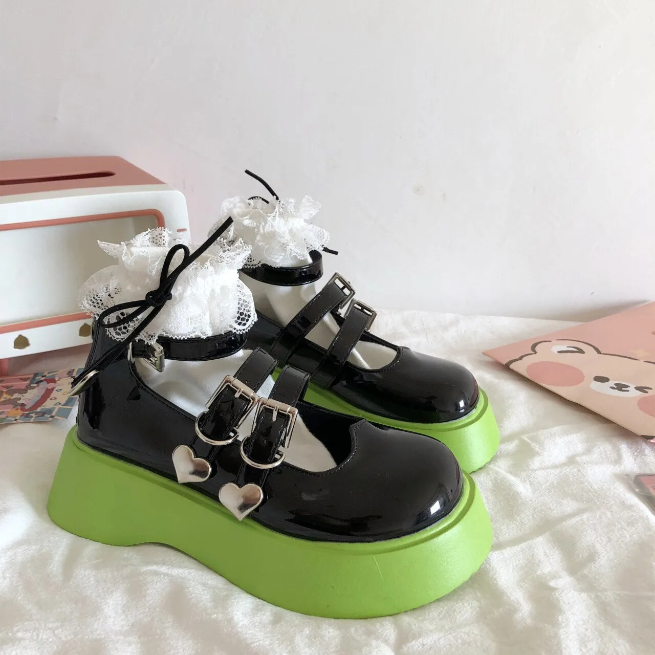 Amozae-  Sweet and cute leather shoes female Mary Jane thick-soled 5CM Japanese lolita shoes 2024 spring and autumn thin jk shoes green