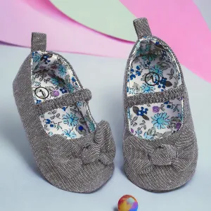 Baby Moo Bow Knot Elastic Strap First Walkers Anti-Skid Ballerina Booties - Grey