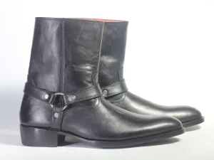 Bespoke Black Leather Mat-rid Strap High Ankle Boots