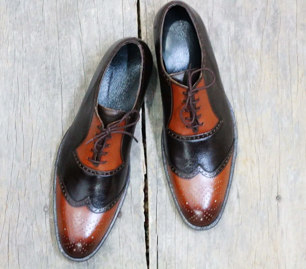 Bespoke Brown & Tan Leather Wing Tip Lace up Shoe for Men