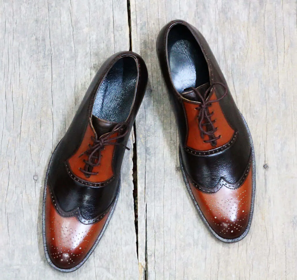 Bespoke Brown & Tan Leather Wing Tip Lace up Shoe for Men