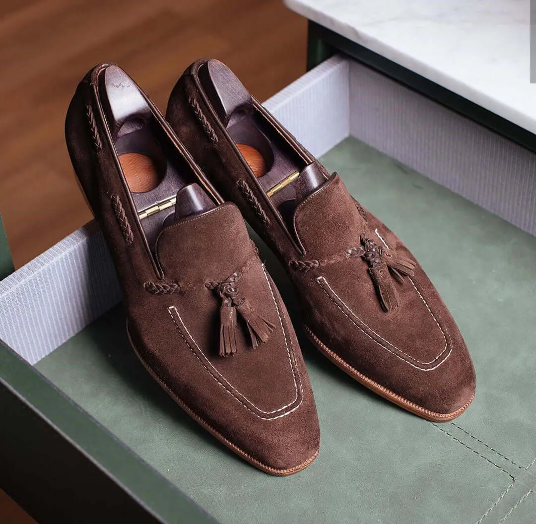 Bespoke Brown Suede Square Toe Tussles Loafer Shoes for Men's