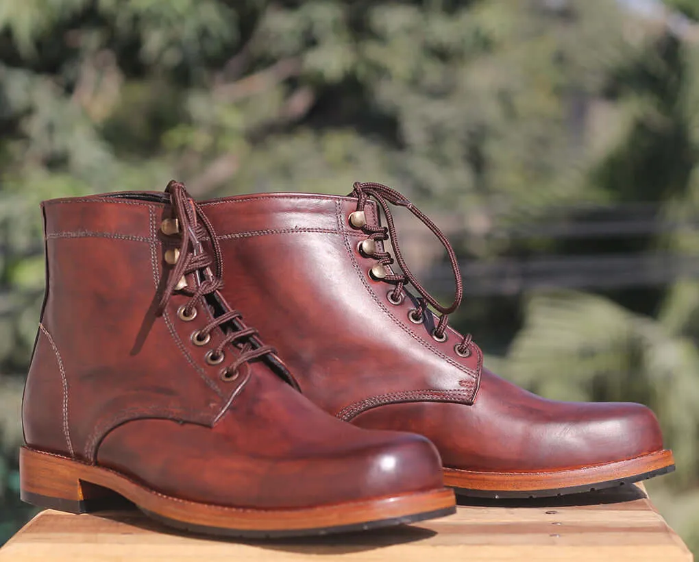 Bespoke Burgundy Leather High Ankle Lace Up Boots