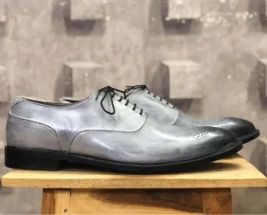 Bespoke Gray Leather Brogue Toe Lace Up Shoe for Men