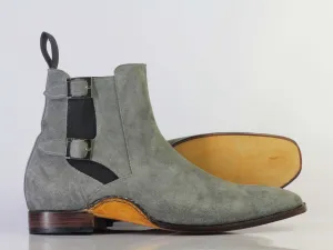 Bespoke Gray Suede High Ankle Buckle Up Stylish Boots