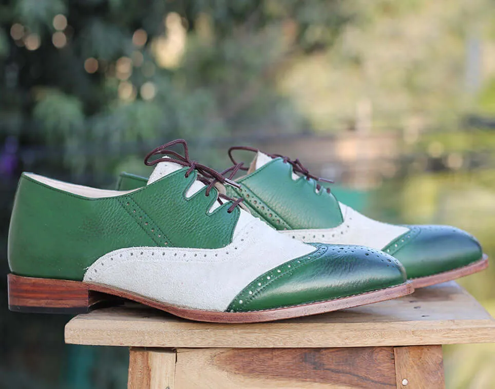 Bespoke Green & White Leather Suede Wing Tip Lace Up Shoe for Men's