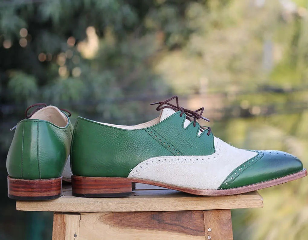 Bespoke Green & White Leather Suede Wing Tip Lace Up Shoe for Men's