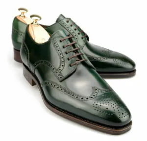 Bespoke Green Leather Wing Tip Lace Up Shoes for Men's