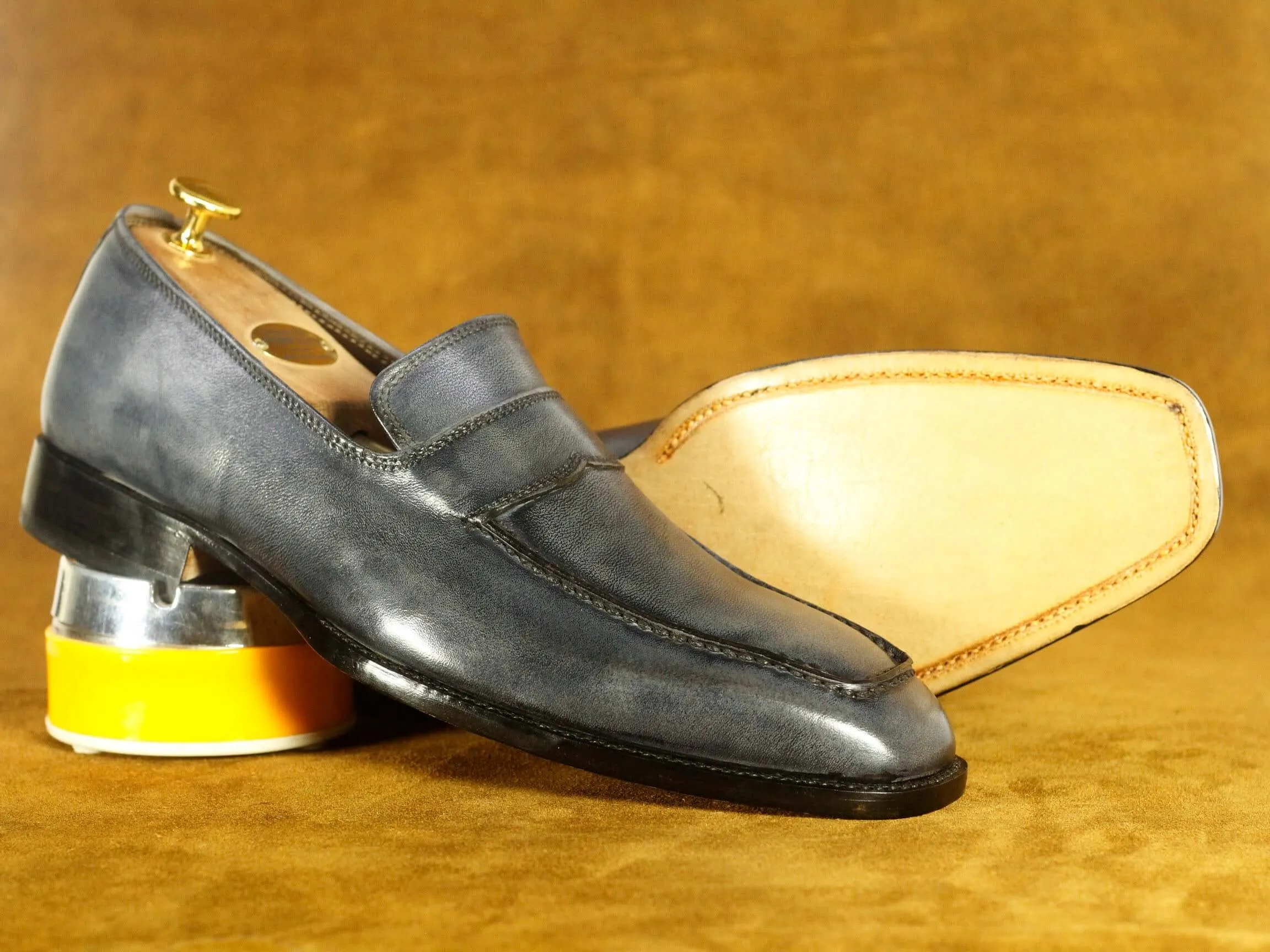 Bespoke Grey Penny Loafer Shoes  Men's dress Leather Shoe