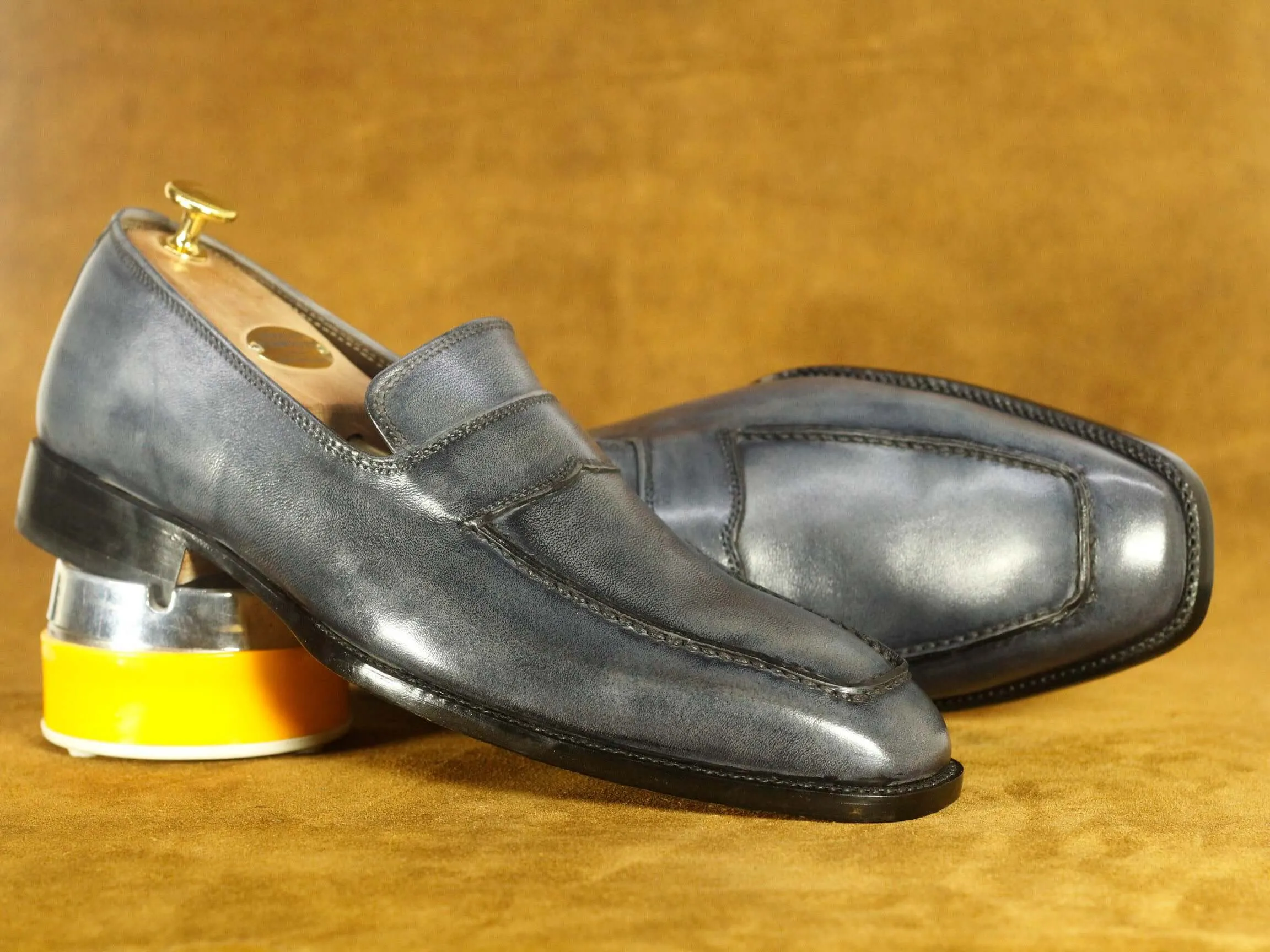 Bespoke Grey Penny Loafer Shoes  Men's dress Leather Shoe