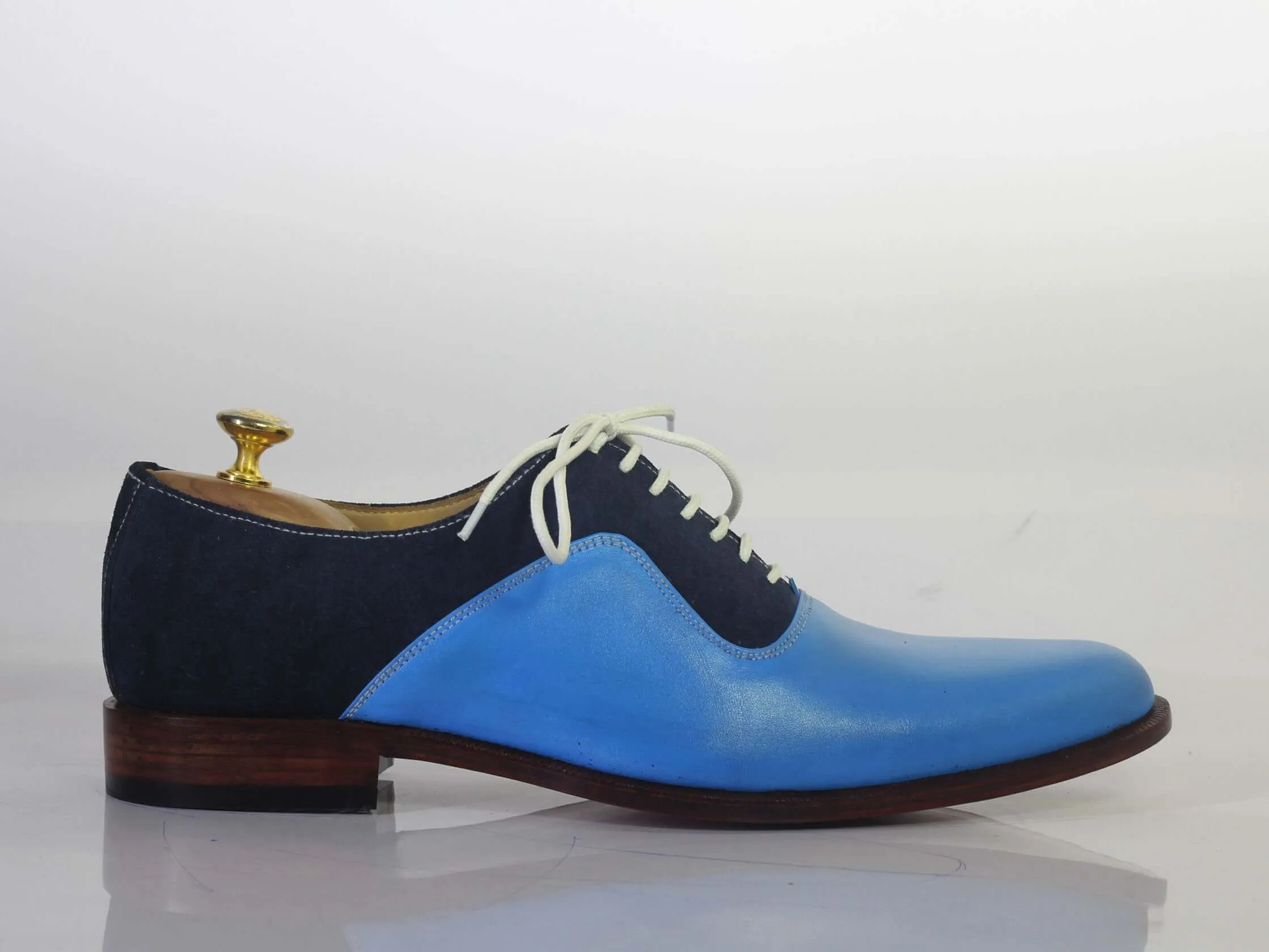 Bespoke Navy Blue Sky Blue Leather Suede Shoes