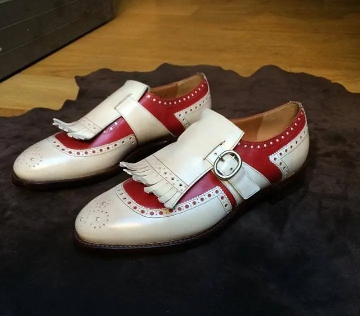 Bespoke Red White Leather Monk Strap Fringe Shoes for Men's