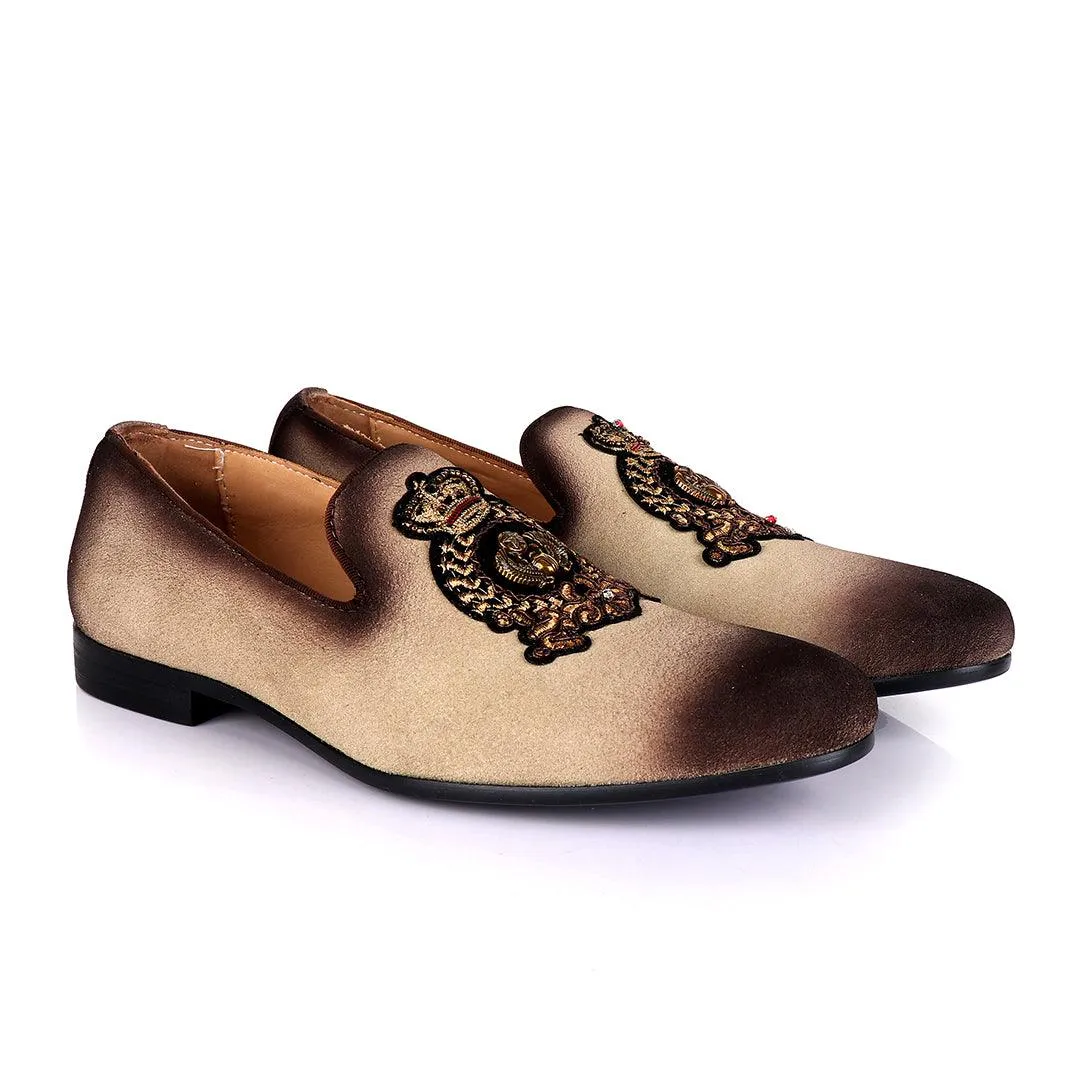 Billionaire Couture Men's Apricot  Suede Loafers Shoe with Crown Logo Embroidery