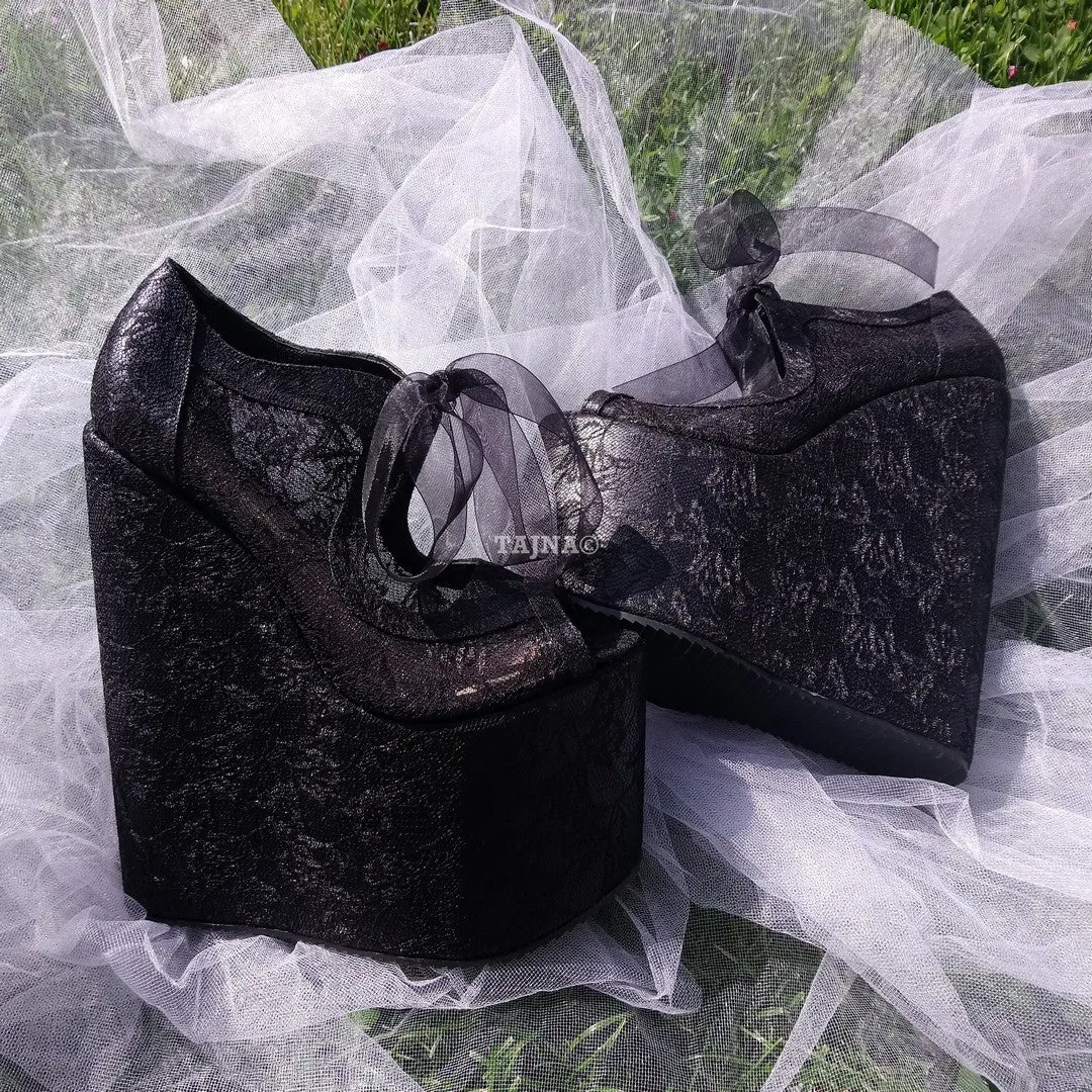 Black Lace Elegant High Heel Wedding Shoes Wedges