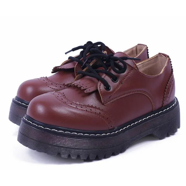 British Gothnic Lace Up Retro Preppy Flat Platform Oxfords for Female Womens Brogues Wingtip Platform Creepers Shoes Plus Size