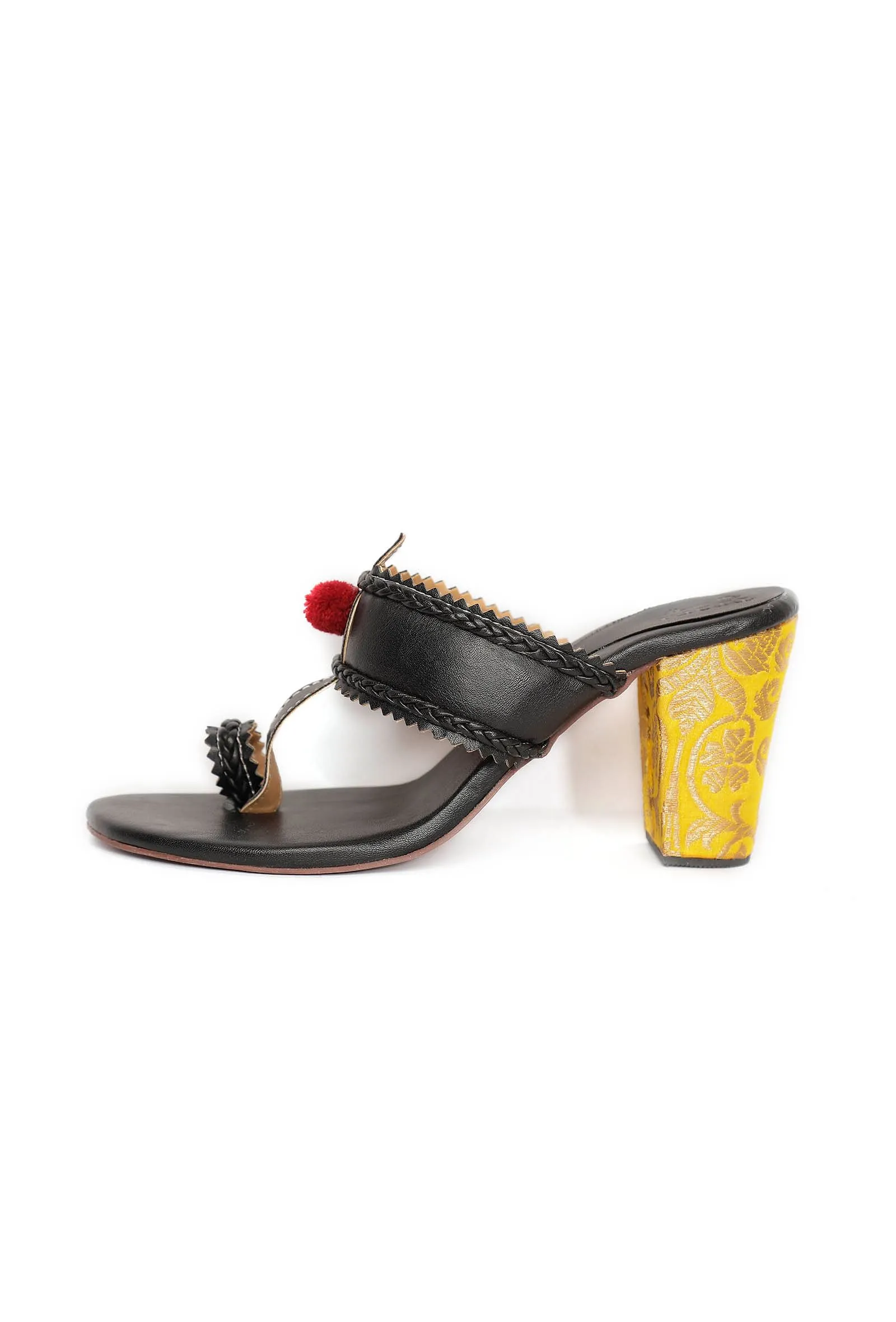 Charcoal Black with Yellow Brocade Kolhapuri Inspired Heels