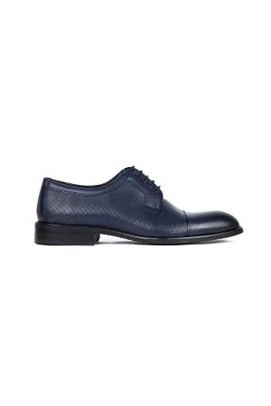 Classic 100% Leather Navy Textured Cap Toe Lace-Up Shoes