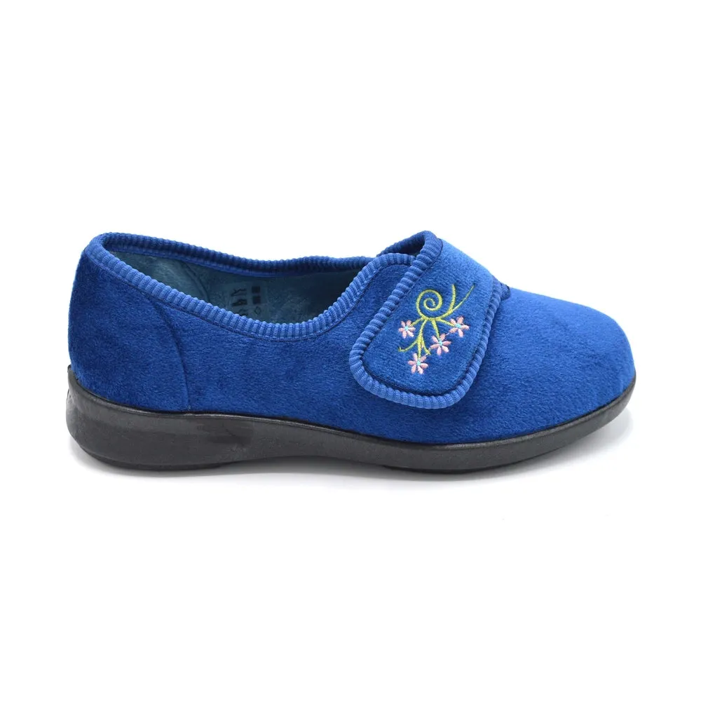 DB Caroline - Ladies Extra Wide Fit Velcro Slipper - Blue 6E Fitting