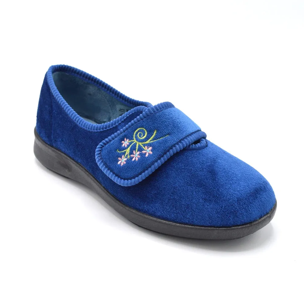 DB Caroline - Ladies Extra Wide Fit Velcro Slipper - Blue 6E Fitting