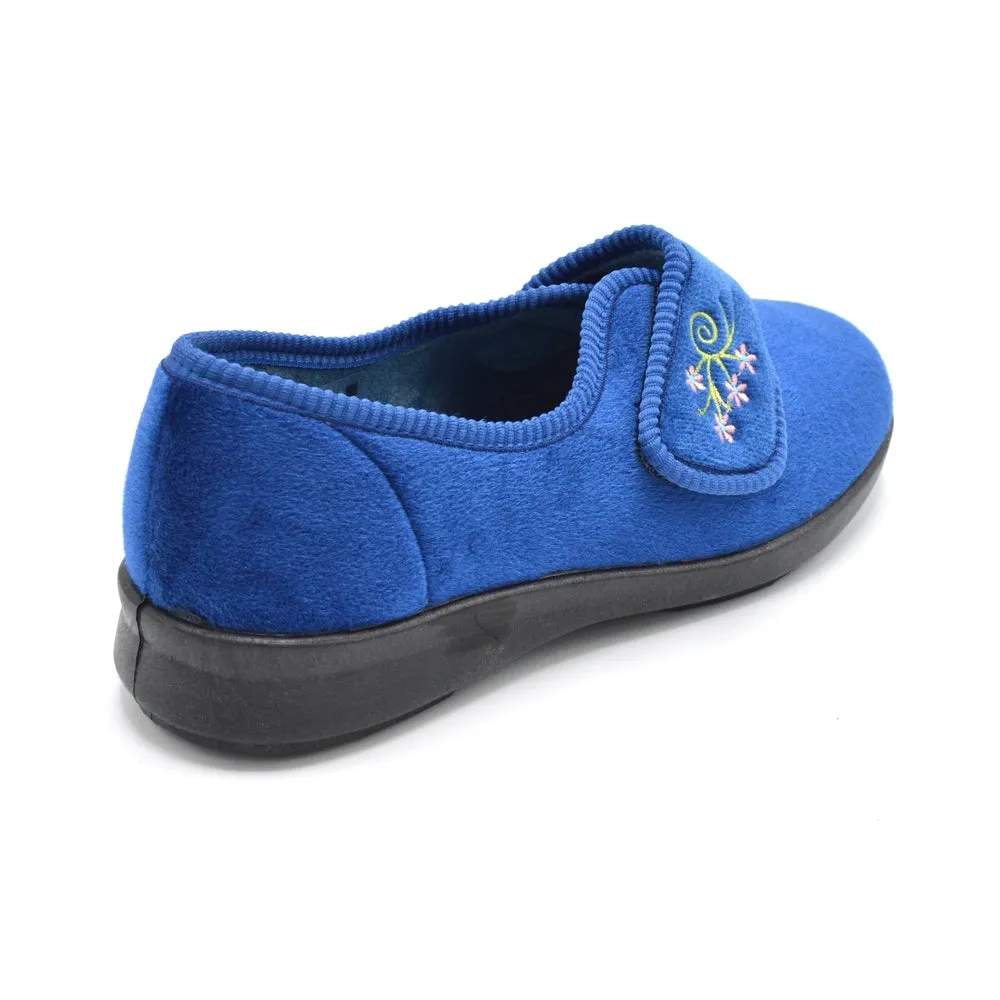 DB Caroline - Ladies Extra Wide Fit Velcro Slipper - Blue 6E Fitting