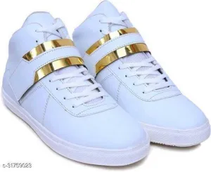 Designer Leatherette High Ankle Length Velcro White Shimmery Casual Sneakers