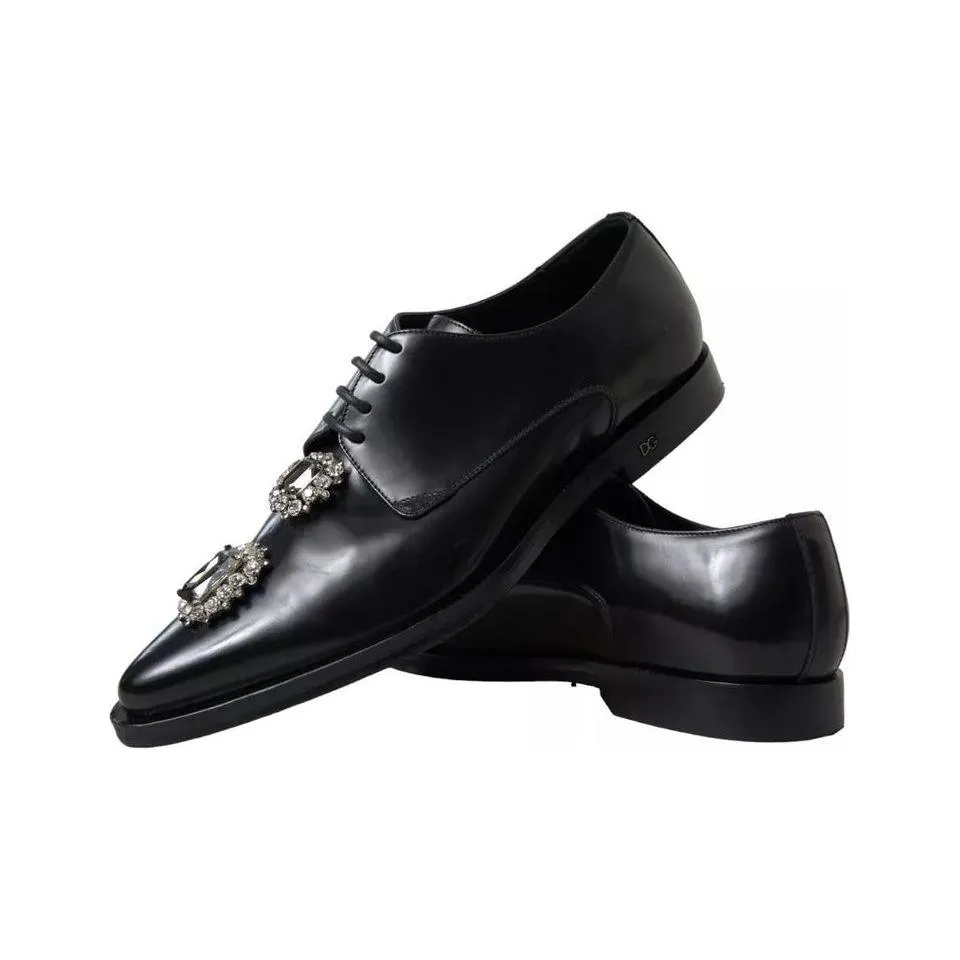 Dolce & Gabbana Black Leather Crystal Lace Up Formal Shoes