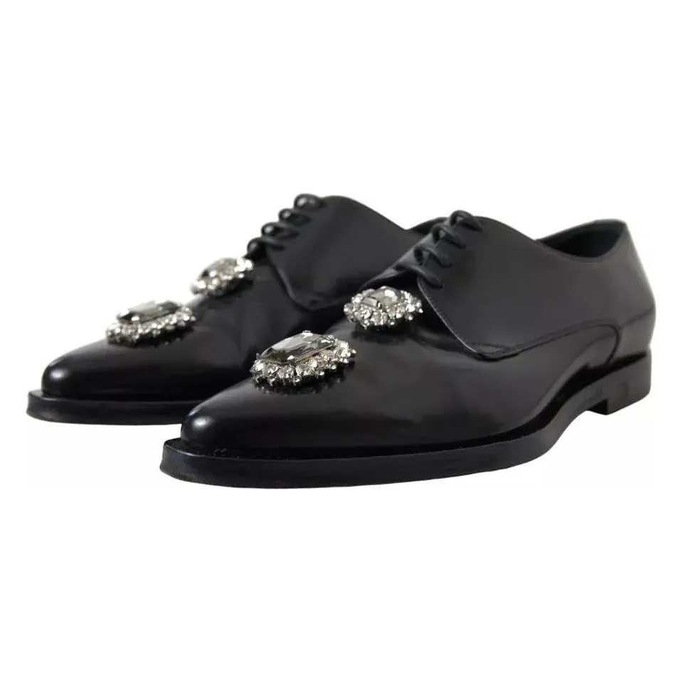 Dolce & Gabbana Black Leather Crystal Lace Up Formal Shoes