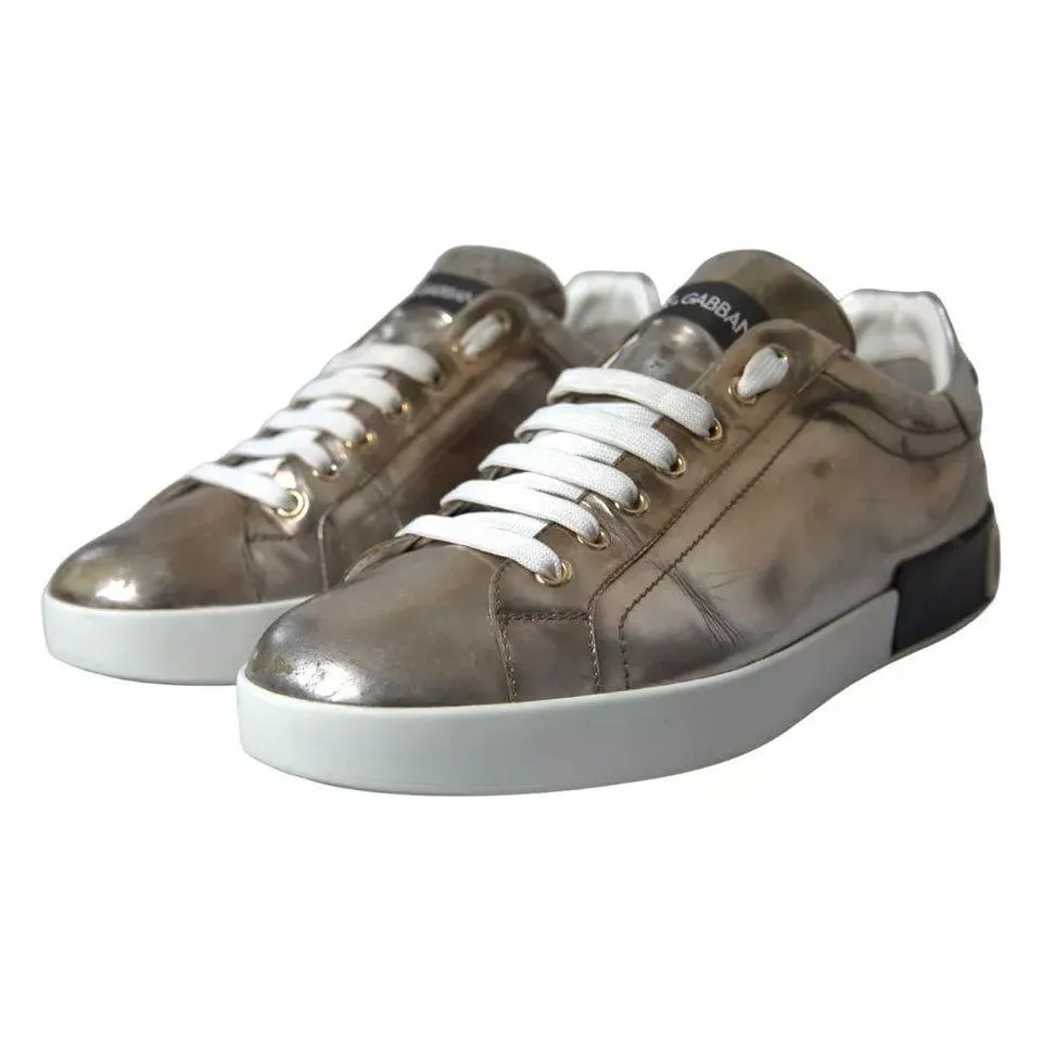 Dolce & Gabbana Bronze Leather Logo Sneaker Portofino Shoes