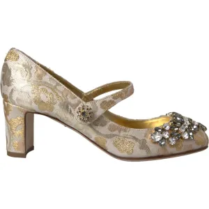 Dolce & Gabbana Gold Jacquard Crystal Mary Janes Pumps Shoes