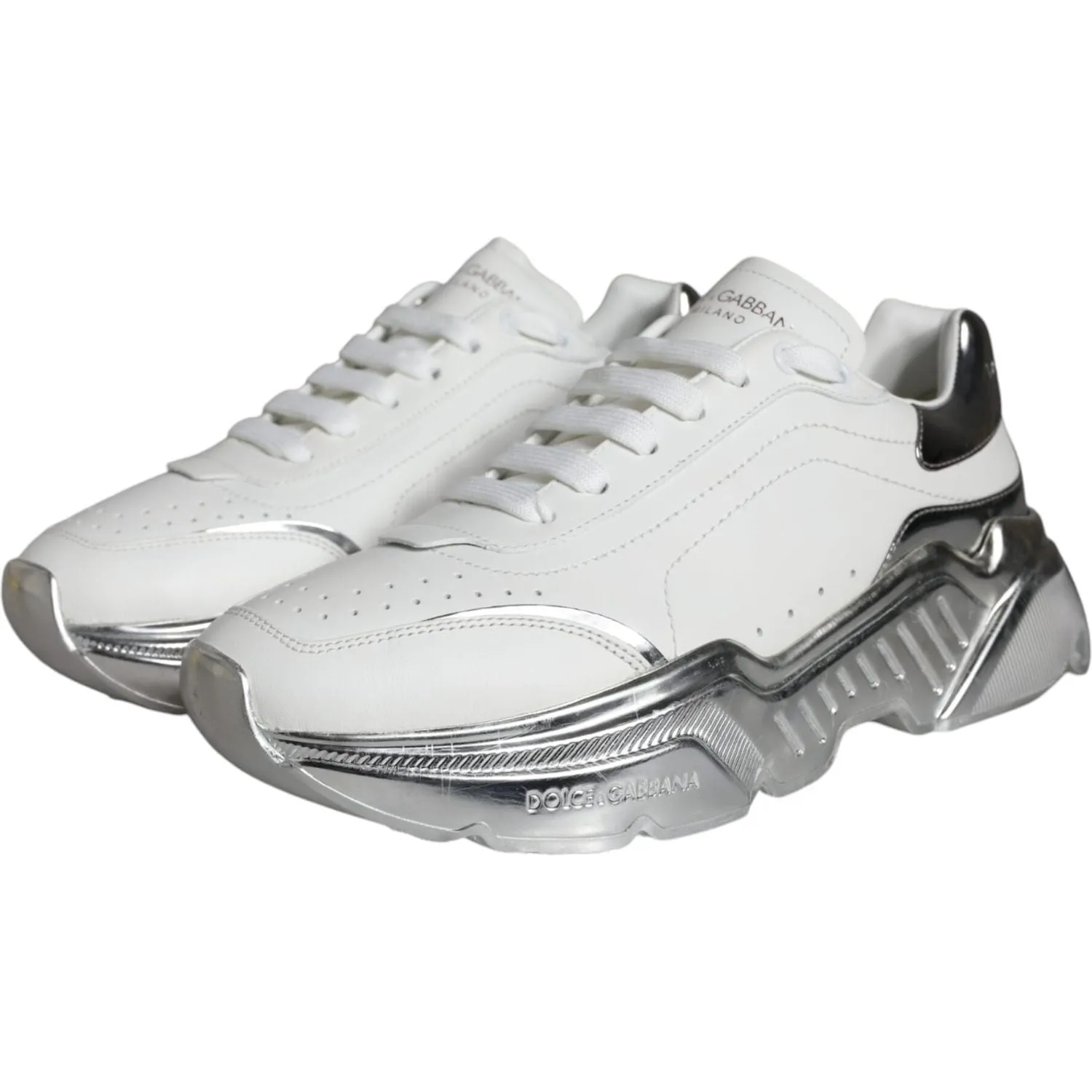 Dolce & Gabbana White Silver Daymaster Leather Sneakers Shoes