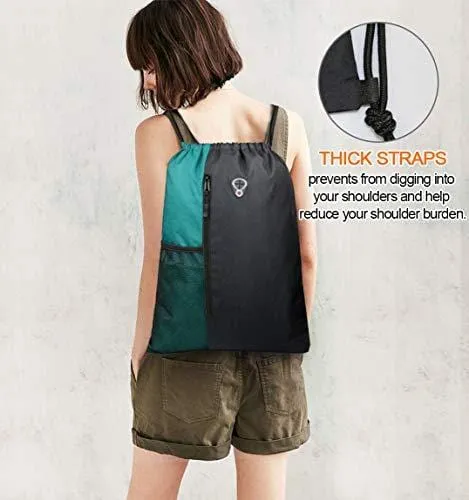 Drawstring Backpack Sports Gym Bag for Women Men Children Large Size with Zipper and Water Bottle Mesh Pockets (Black/Teal)