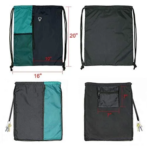 Drawstring Backpack Sports Gym Bag for Women Men Children Large Size with Zipper and Water Bottle Mesh Pockets (Black/Teal)