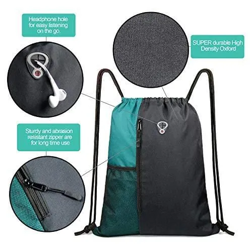 Drawstring Backpack Sports Gym Bag for Women Men Children Large Size with Zipper and Water Bottle Mesh Pockets (Black/Teal)