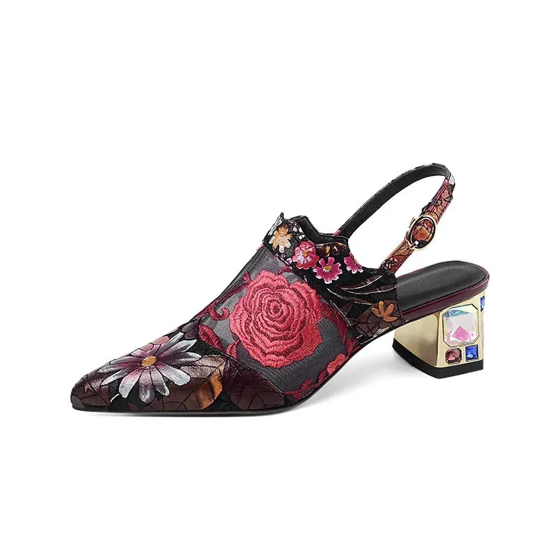 Flower Embroidery Mesh Patchwork Crystal Heel Shoes