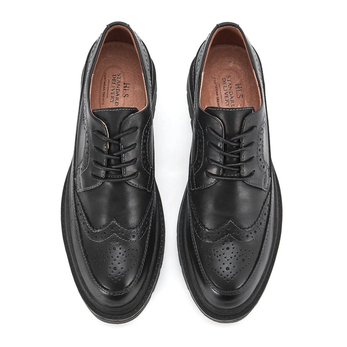 Full Scene Punch Hole Detailed Brogue Lace Up Black Leather Shoes