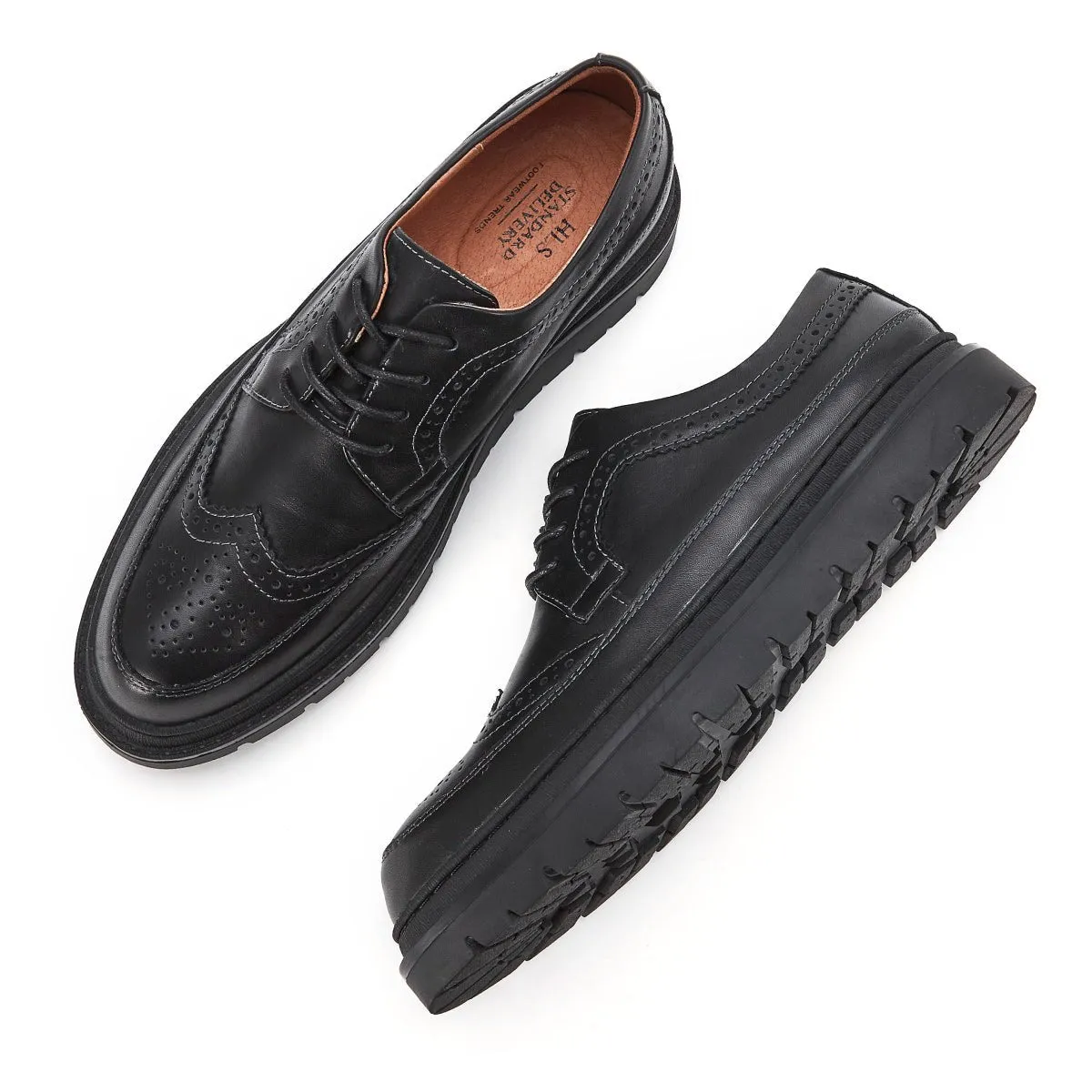 Full Scene Punch Hole Detailed Brogue Lace Up Black Leather Shoes