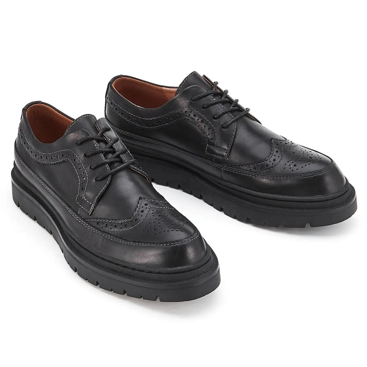 Full Scene Punch Hole Detailed Brogue Lace Up Black Leather Shoes