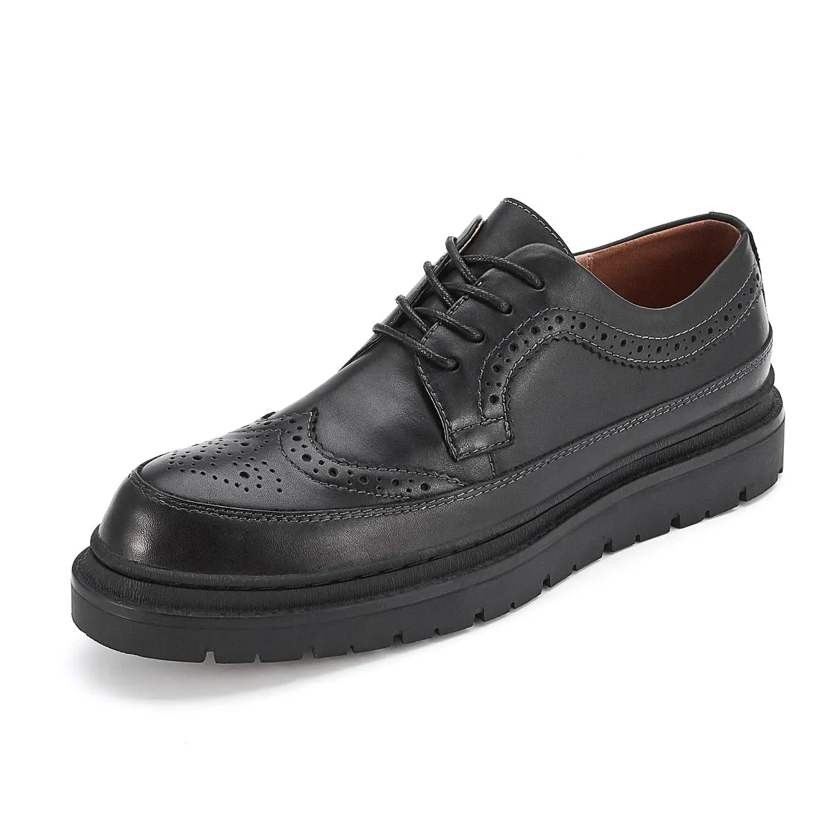 Full Scene Punch Hole Detailed Brogue Lace Up Black Leather Shoes