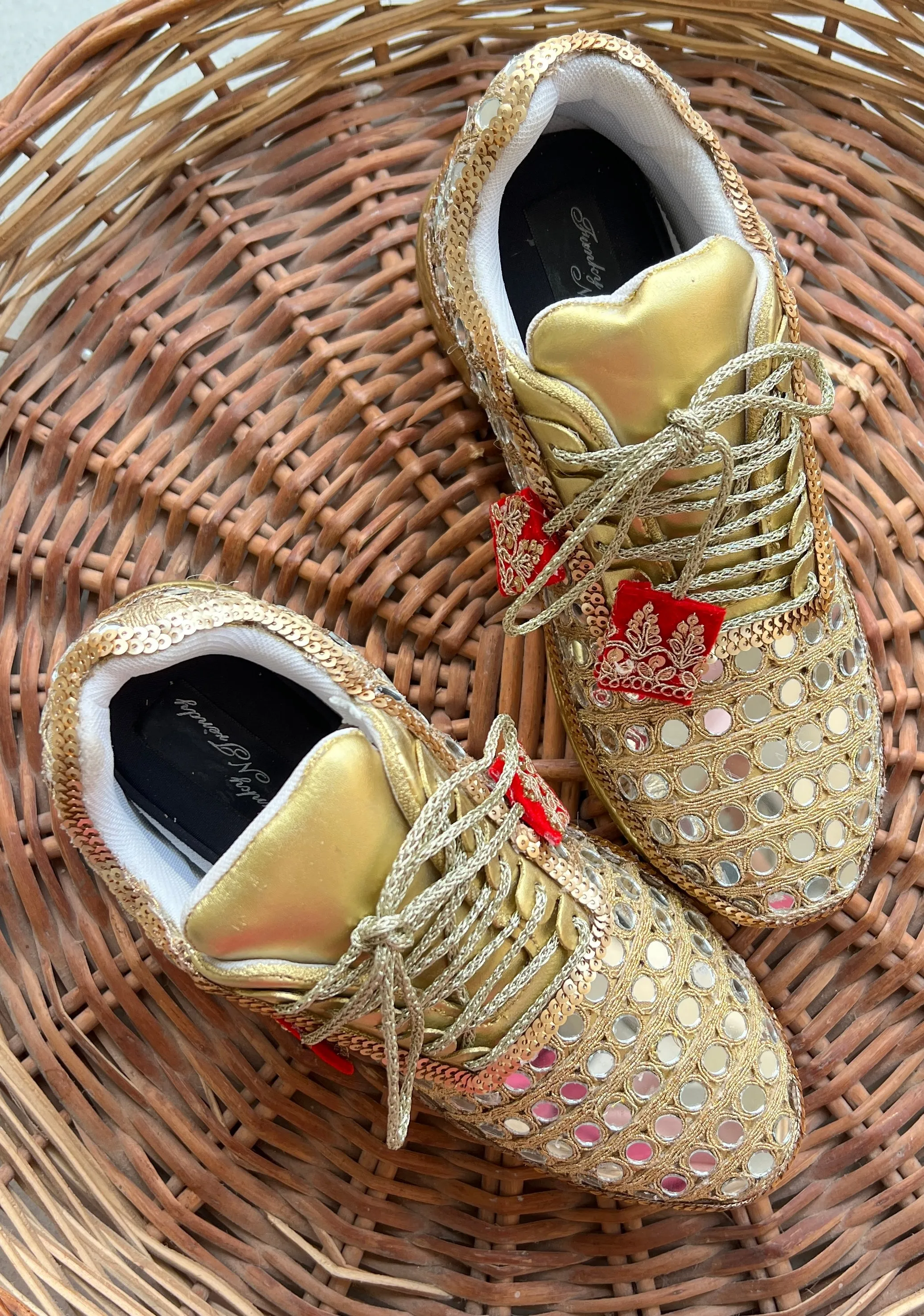 FUNKY N TRENDY gold mirror heeled sneakers for brides /bridesmaids / sneakers for bridesmaids/ handcrafted sneakers/ mirror sneakers / bridal sneakers / bridesmaid sneakers/ gold sneakers / mirror shoes/ red and gold sneakers