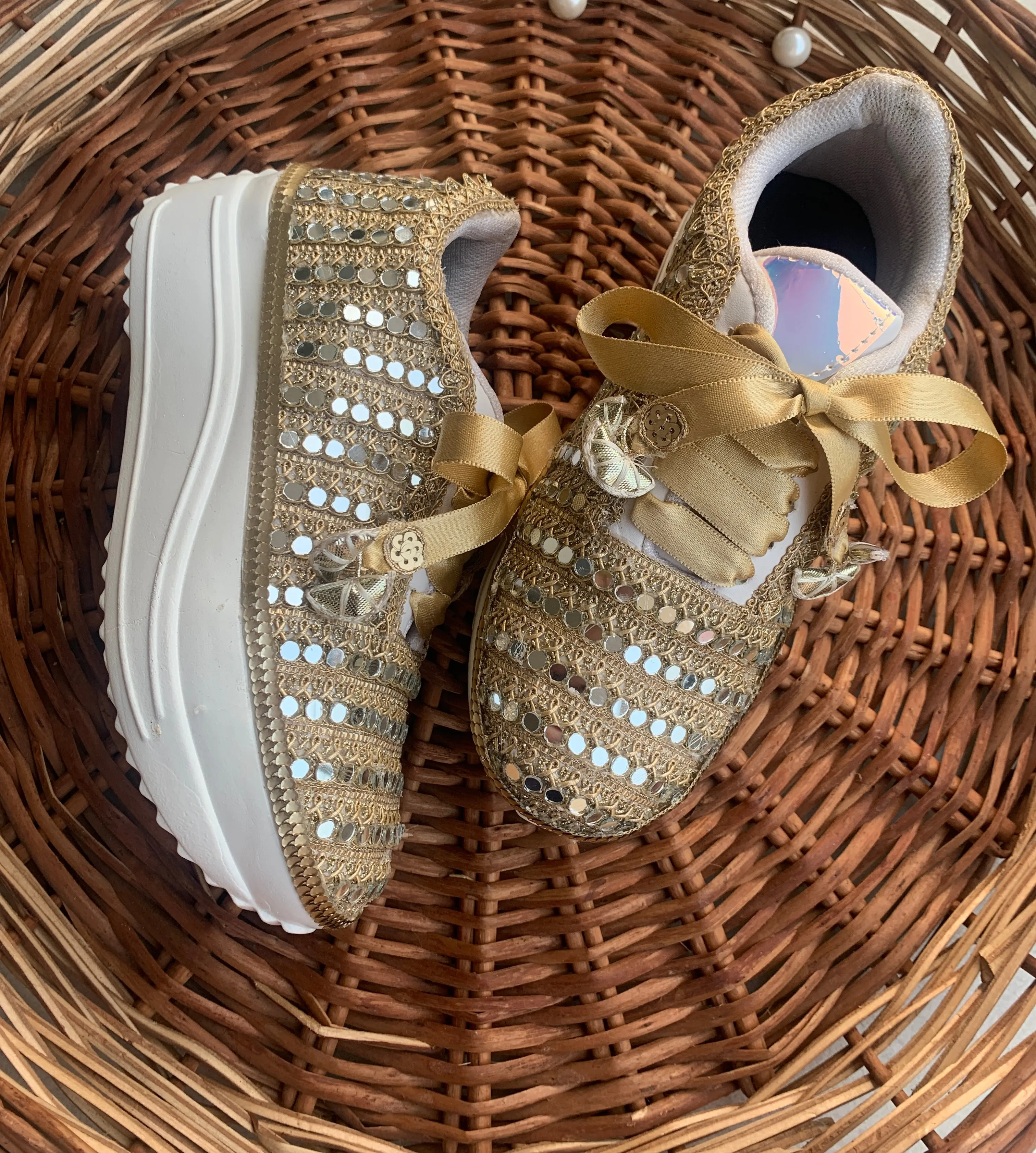 FUNKY N TRENDY gold mirror sneakers for brides /bridesmaids / sneakers for bridesmaids/ handcrafted sneakers/ mirror sneakers / bridal sneakers / bridesmaid sneakers/ gold sneakers / mirror shoes