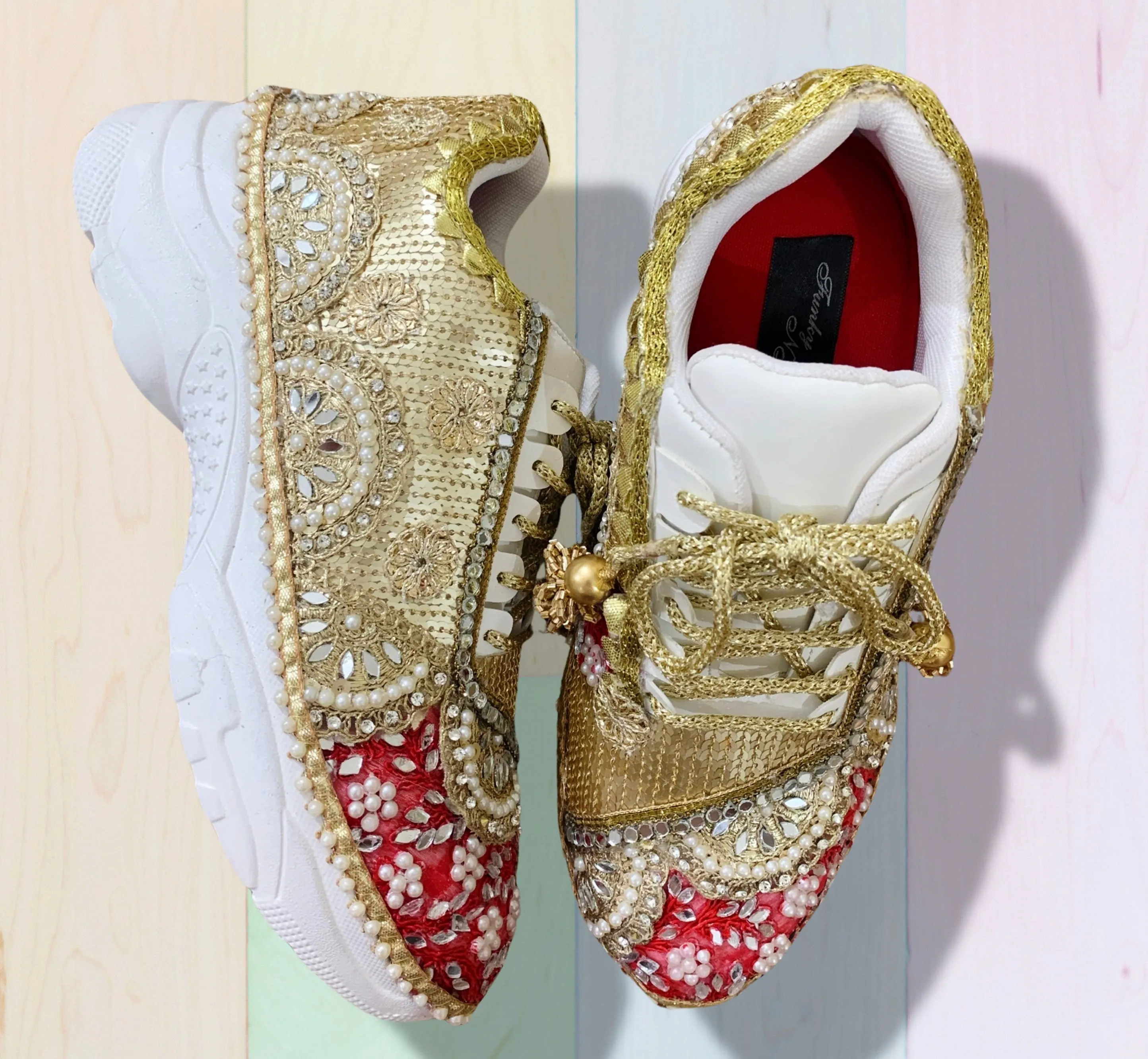 FUNKY N TRENDY red and gold bridal sneakers / bridesmaid sneakers/red sneakers / red shoes /bridal shoes