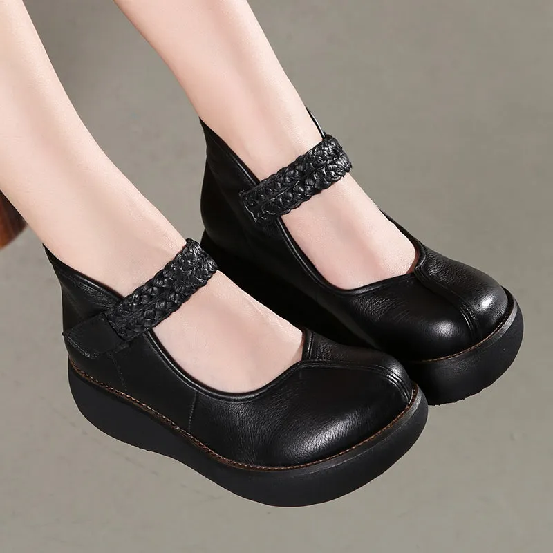 Genuine Leather Round Toes Ankle Strap Women Pumps