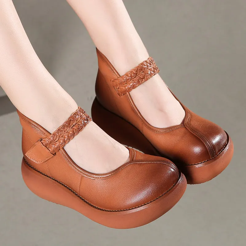 Genuine Leather Round Toes Ankle Strap Women Pumps