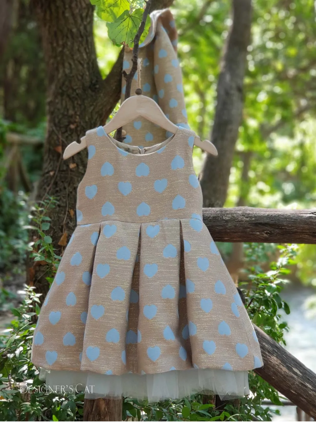 Girl's Dress with light blue Jacquard hearts-SANTELLA blue