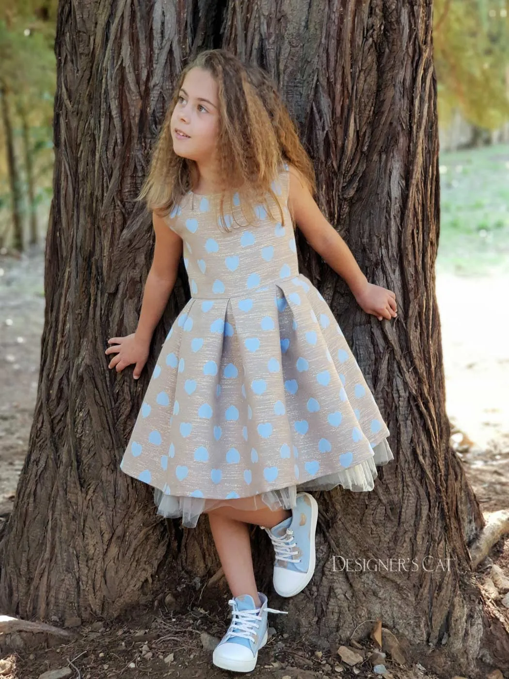 Girl's Dress with light blue Jacquard hearts-SANTELLA blue