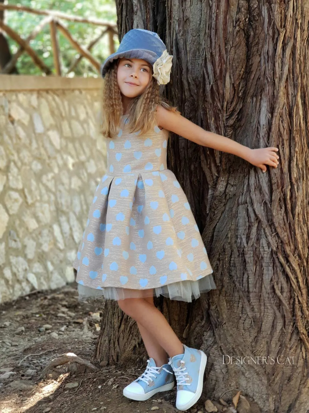 Girl's Dress with light blue Jacquard hearts-SANTELLA blue